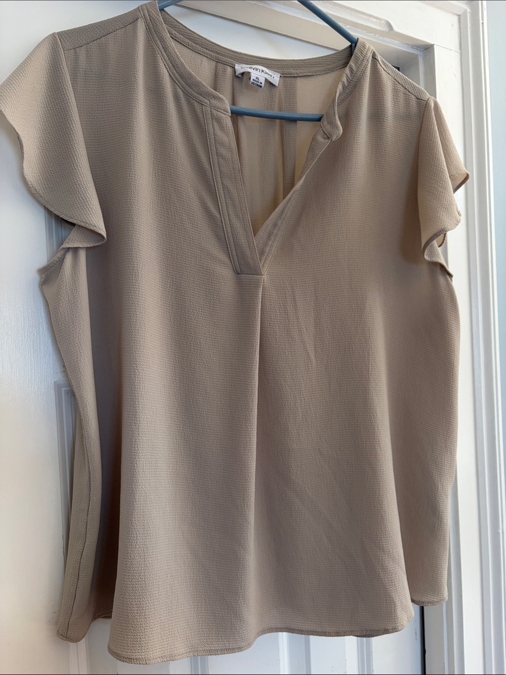 Calvin Klein Beige Split V-Neck Flutter Sleeve Top
